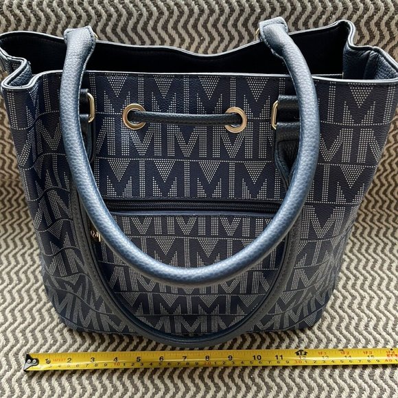 Milan Purse Shoulder Bucket Bag Navy Blue Canvas W/ Monogram White Double Handle - Picture 2 of 8
